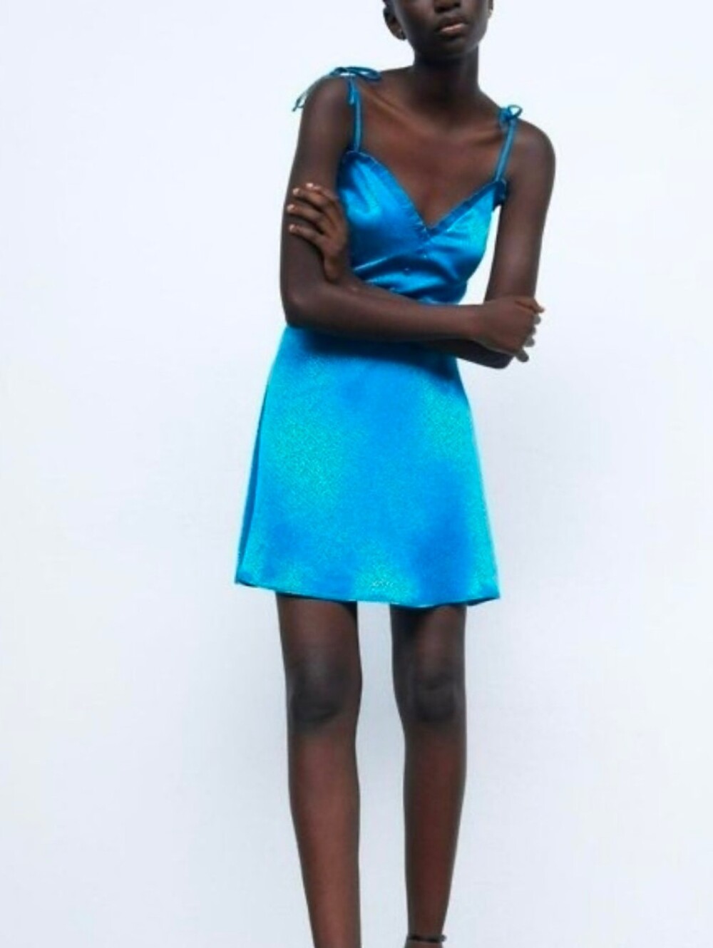 Zara Satin Effect  Tie-Shoulder Mini Dress in Bright Blue L NWT